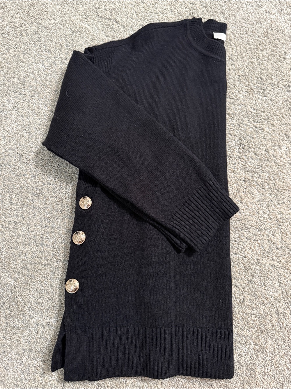 LOFT Black Crewneck Sweater with Gold Side Button Detail